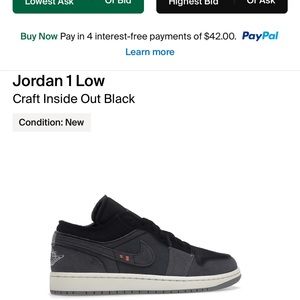 Jordan one low craft black inside out. Size 13 brand new!